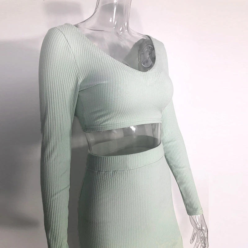 Women Two Piece Outfits Sets Long Sleeve Crop Tops And Pencil Skirt Set Female Slim Elegant Matching Spring Autumn |