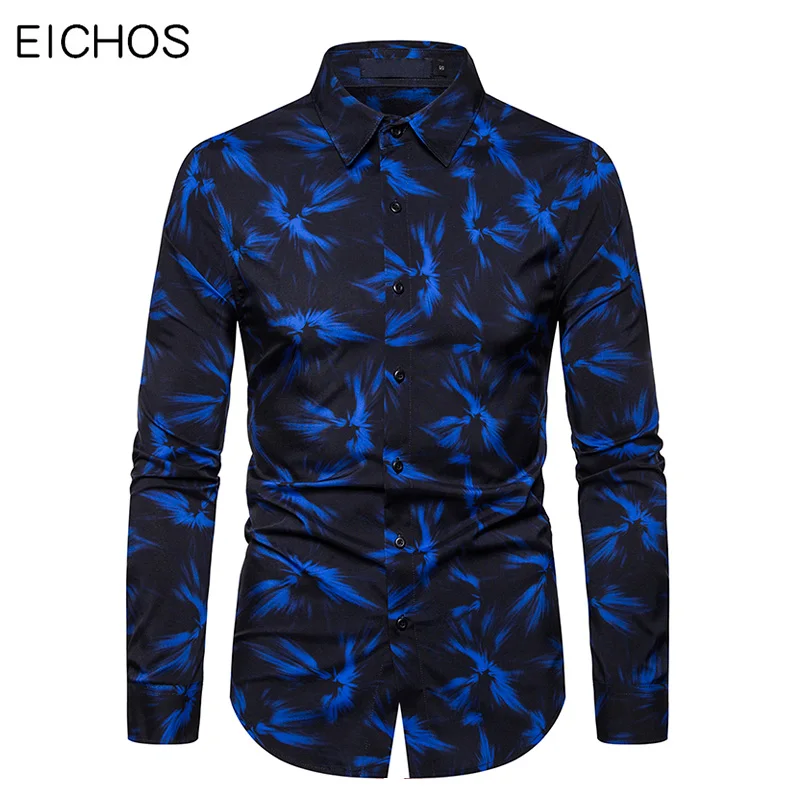 Мужская рубашка с цветочным принтом гавайская длинным рукавом синяя черная 3D