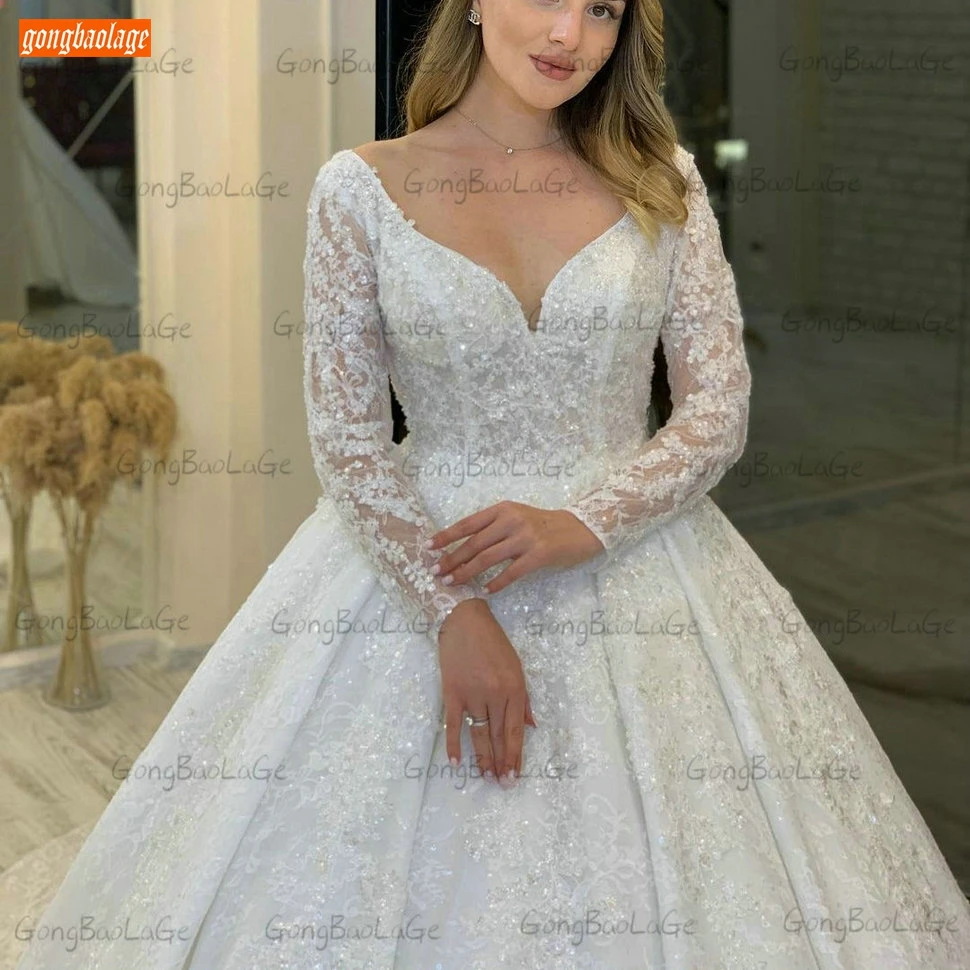 

Luxury Ivory Lace Wedding Gowns Long Sleeves 2021 Abito Da Sposa Beaded Ball Gown Bridal Dresses Chapel Train Vestido Casamento