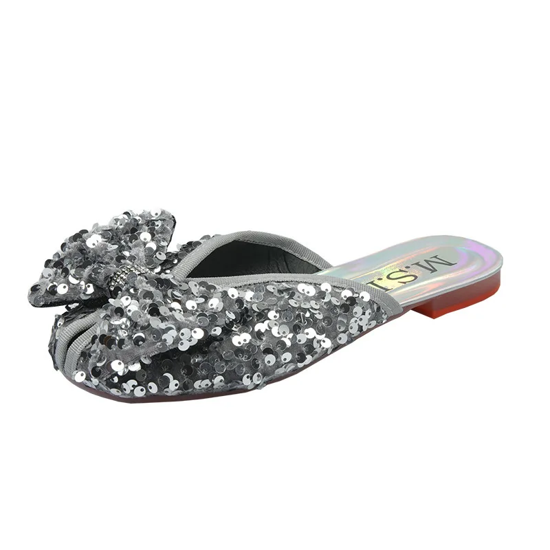 

LEMAI New Sequined Bow Fish Mouth Women's Sandals Flat Bottom External Slippers Crystal Big Butterfly-knot Women Shoes