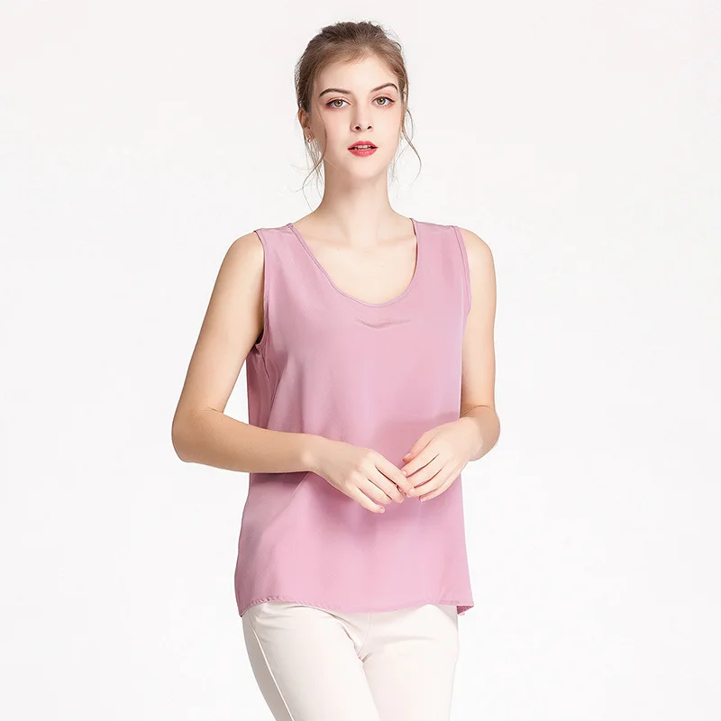 

100% Silk Women's Runway Tank O Neck Sleeveless Fashion Straight Tanks T Shirt Pullover Blouse Tops