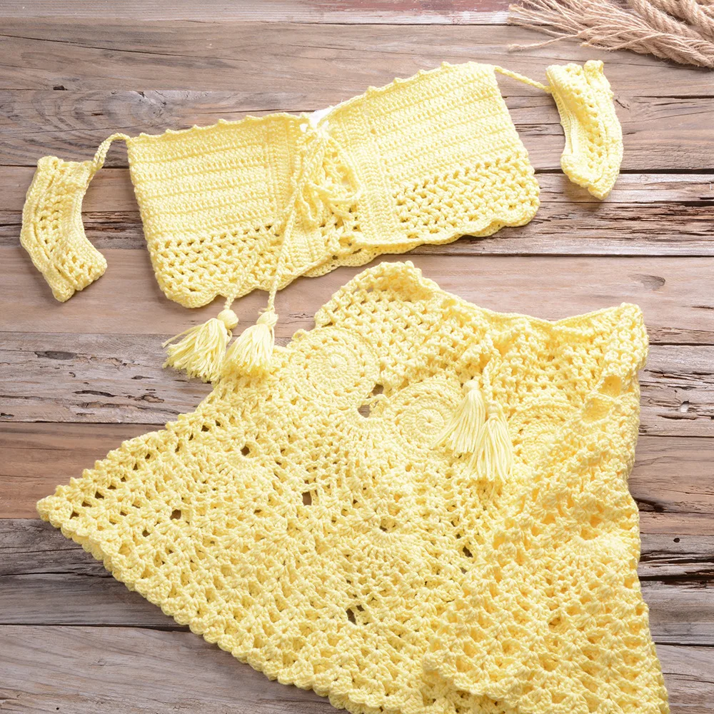 

Summer Beach Vacation One-shoulder Tops Handmade Female Knitted Split Skirt Outdoor Hot Spring Swimming Suit