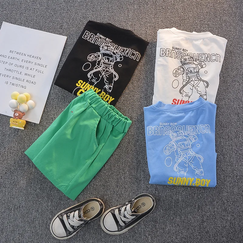 

New Summer Kids Baby Clothes Set for Boy Cool Robot Printing Infant Girl 3 Colors T-shirt+solid Shorts Toddler Outfits 1-4 Years