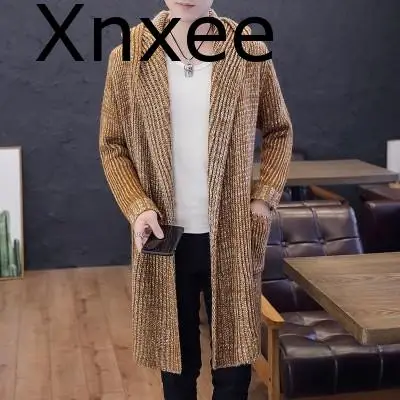 Осенне-зимний новый мужской длинный свитер Однотонный с капюшоном и длинным