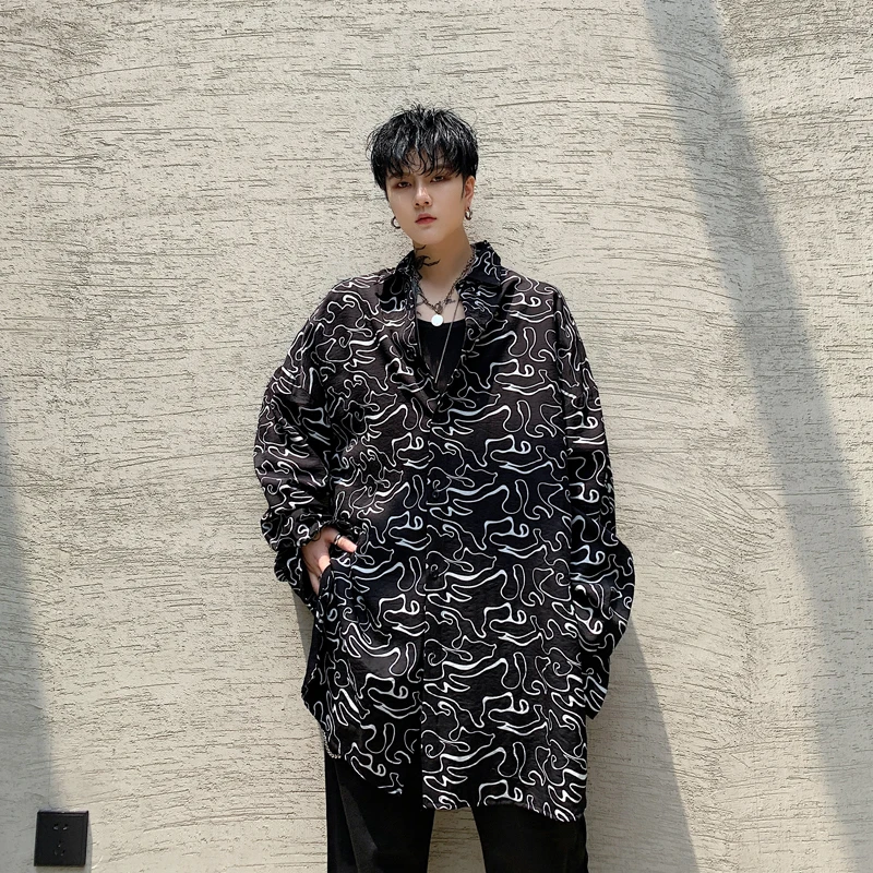 Men Shirt New Long Sleeve Loose Casual Pattern Print Male Streetwear Hip Hop Dress Stage Show Costumes | Мужская одежда