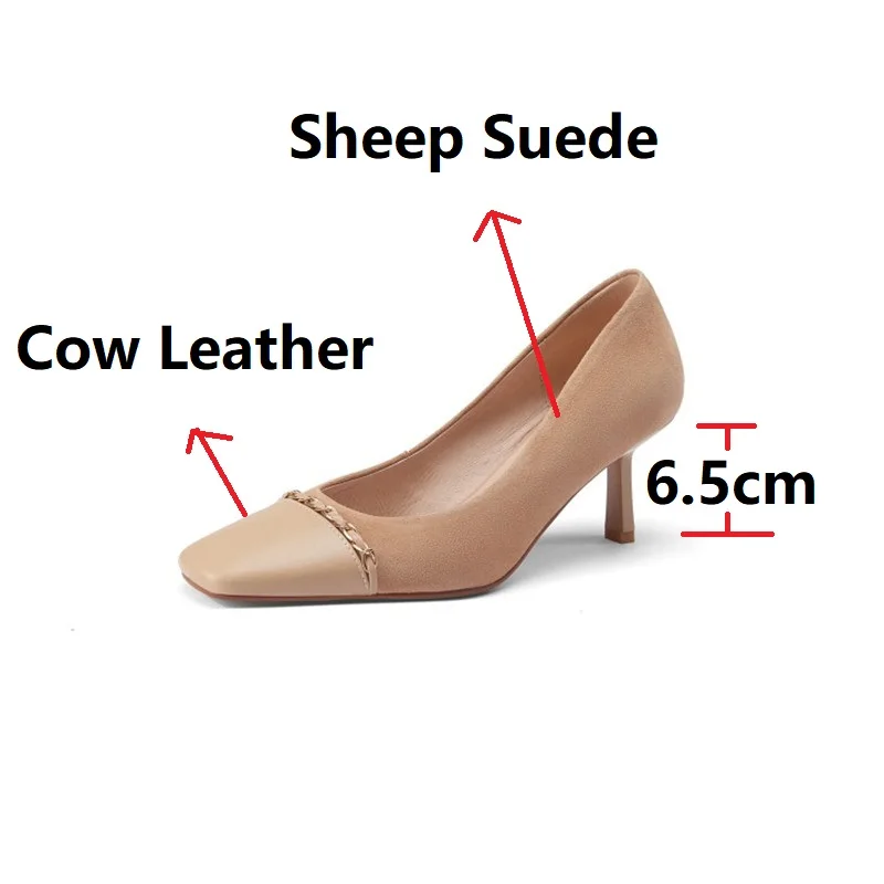 

Sexy Stiletto Thin High Heels Pumps Shoes Women Square Toe Natural Genuine Leather Brand Gold Chain Nude Shoes for Office Party