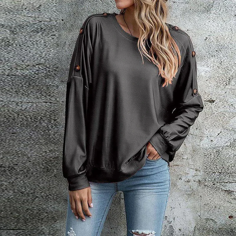 

Casual Button Long Sleeve O Neck Sweatshirts Autumn New Fashion Loose Riveting Sweatshirts For Women Pullover Ladies Hooded Top