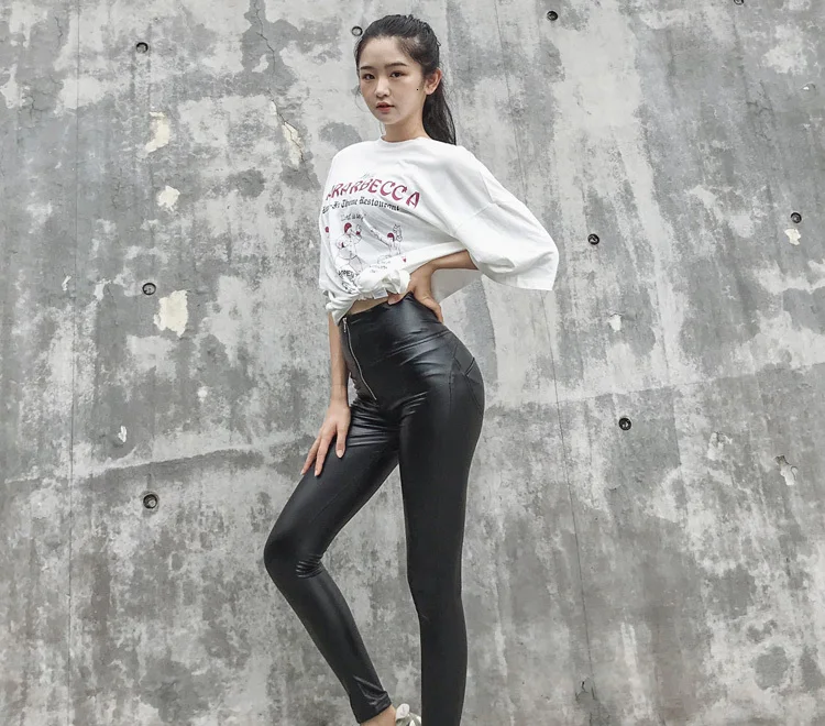 LIBERJOG Women Stretch Skinny Lift Hip PU Leather Pants Black Pencil Pants High Waist Plus Size Female Honey Peach Pants