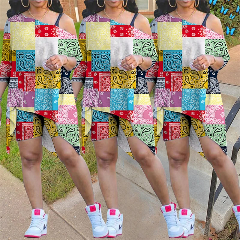 

Summer Two Piece Set Women Clothes African Dashiki Print Slash Neck Top and Shorts Elegant Casual Fashion Matching Sets