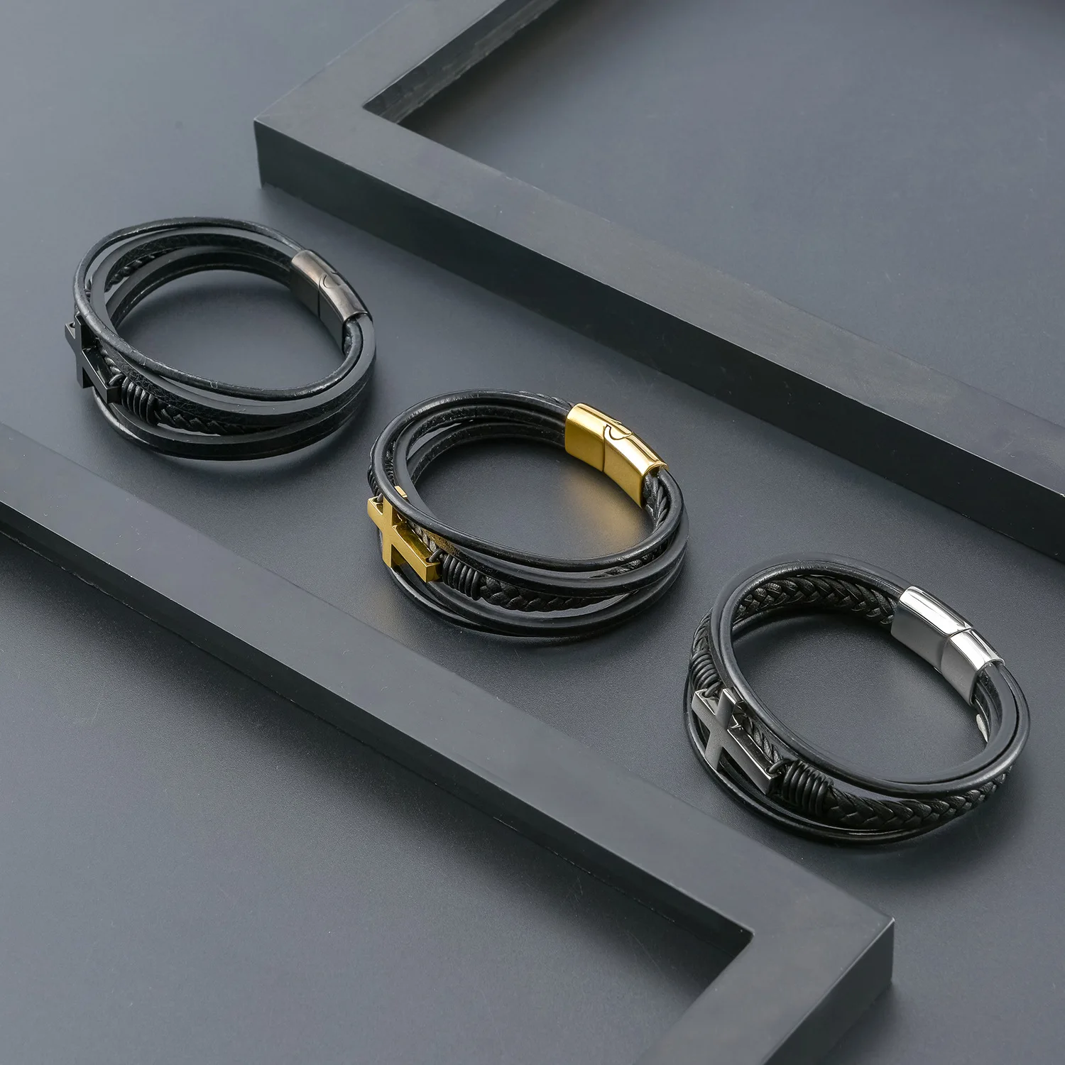 

Luxury Layered Cross Leather Bracelets For Men Boys Classic Charm Bracelet Magnetic Buckle Daily Party Fashion Men Jewelry