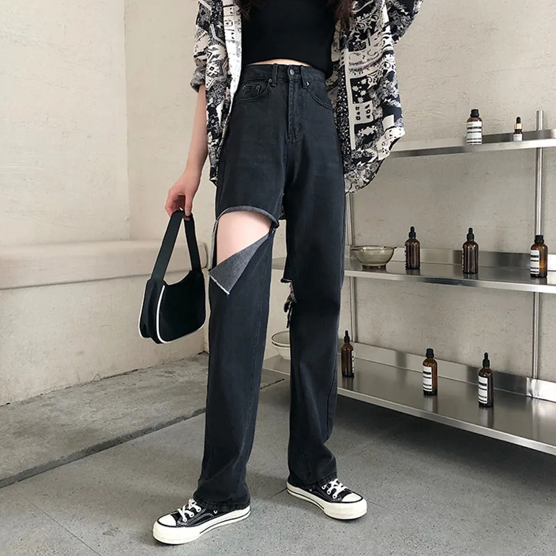

2 colors S-XL summer korean style loose women long denim pants high waist straight big hole jeans for womens 2022 (78368)