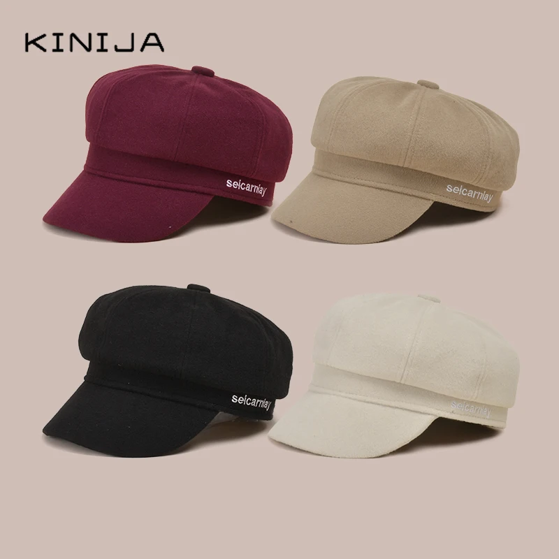 Осенне зимний Ретро берет одноцветная Кепка с вышитыми буквами восьмиугольная