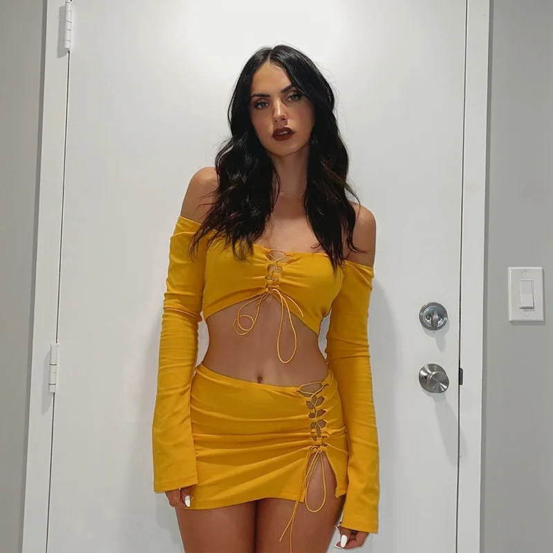 

wsevypo Sexy Two-pieces Skirts Suits Chic Fashion Women Cross Lace-up Sets Club Off Shoulder Long Sleeve Crop Tops+Mini Skirts