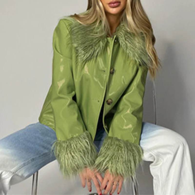 

Женская укороченная куртка из искусственной кожи, однотонная повседневная куртка из искусственной кожи с длинным рукавом и отложным ворот...