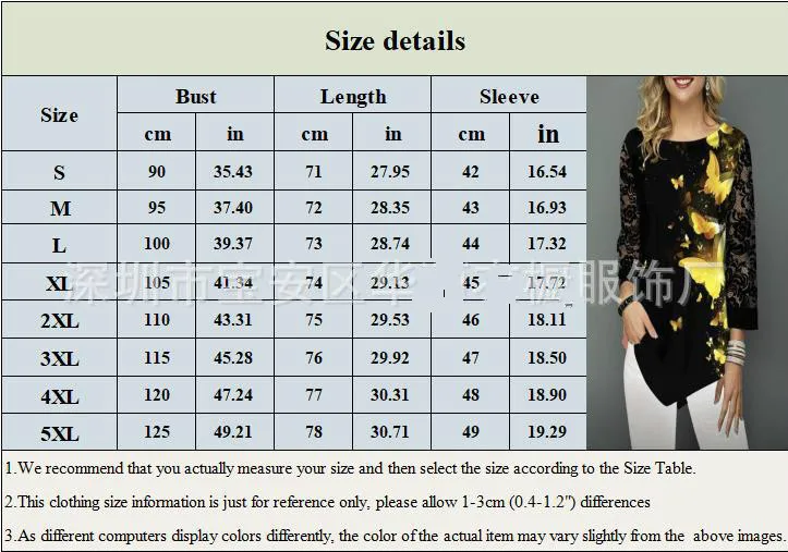 

Women's Butterfly Print Tops Casual Blouses 4XL 5XL Plus Size Button Lace Sleeve O-Neck Long Sleeve Shirt Blouse Female Black