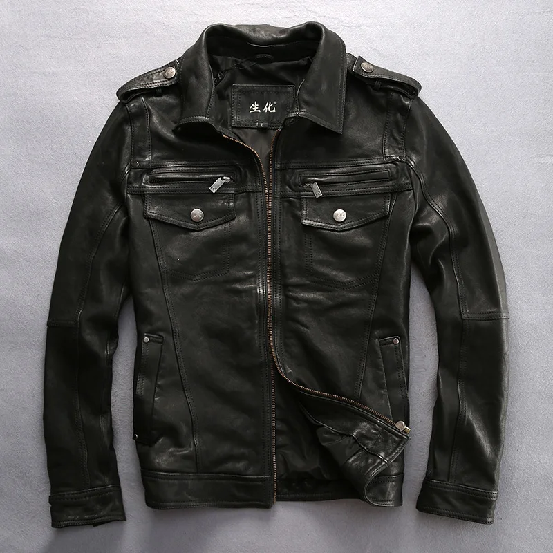 Мужская куртка из натуральной кожи черная облегающая овечьей с лацканами для