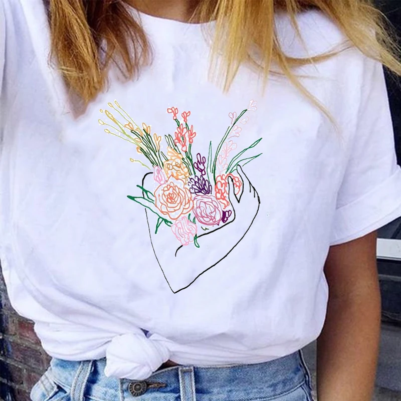 

Women Graphic Fashion Watercolor Floral Face Printing Casual Style 90s Style Lady Print Female Clothes Tops Tees Tshirt T-Shirt