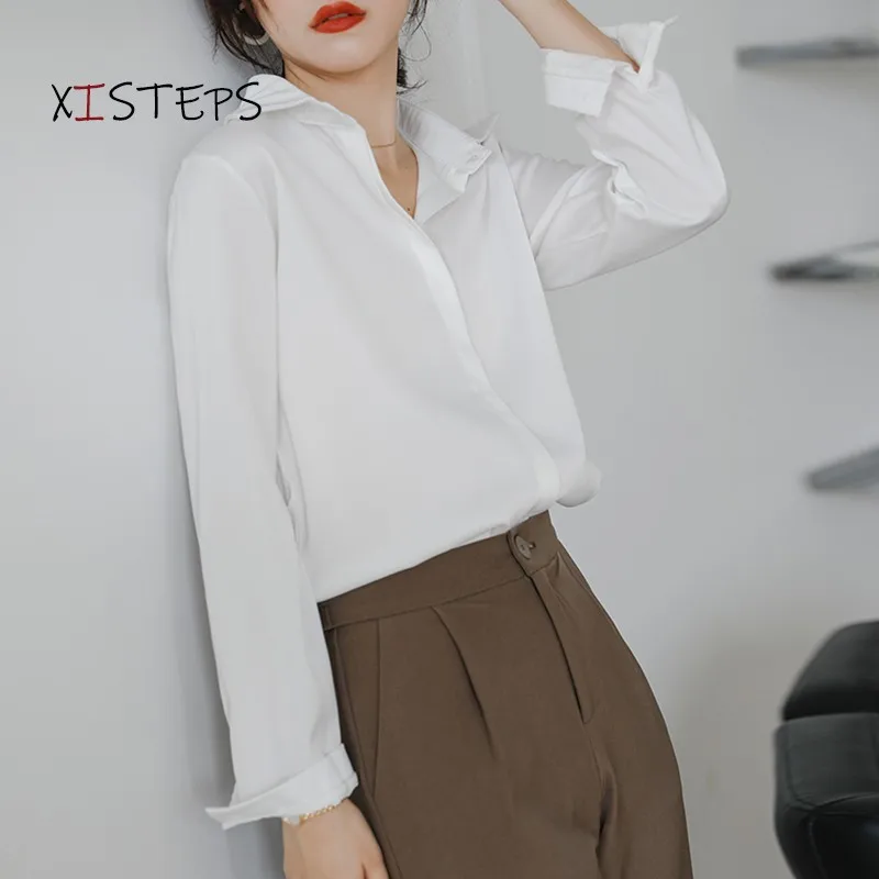 Elegant Satin Blouses For Women 2021 Spring Autumn OL Style Shirts Blue White Ladies Office Work Tops Professional Suit Clothes