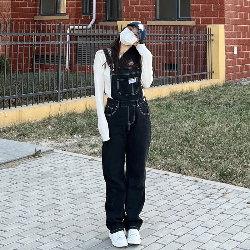 

2022 spring and summer new black denim overalls women's personality loose age-reducing high-waisted thin straight wide-leg pants