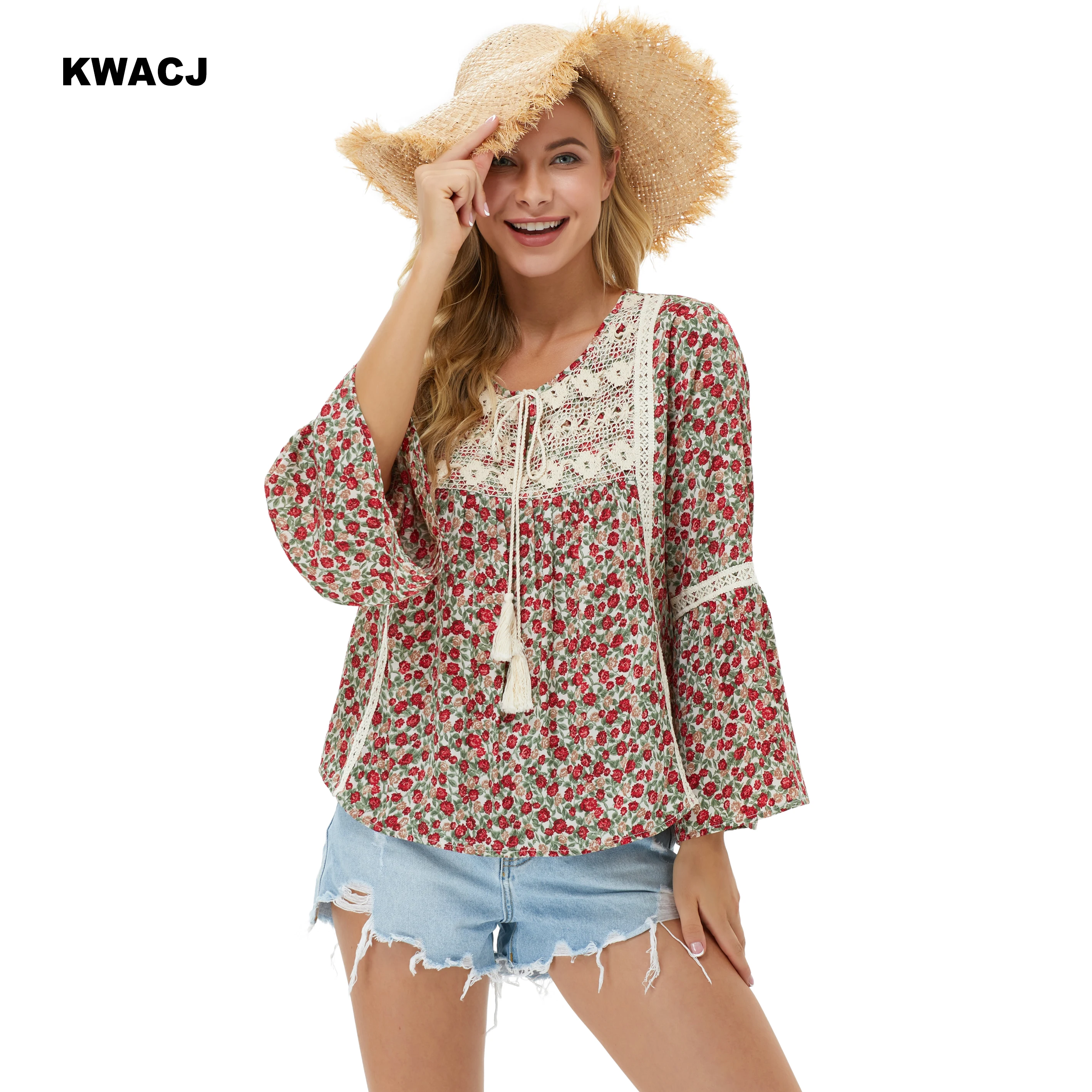 KWACJ Floral Print Women Blouse Flare Long Sleeve Lace Decoration Tassel Bow Ladies Vintage Tops Casual Boho Clothing | Женская одежда
