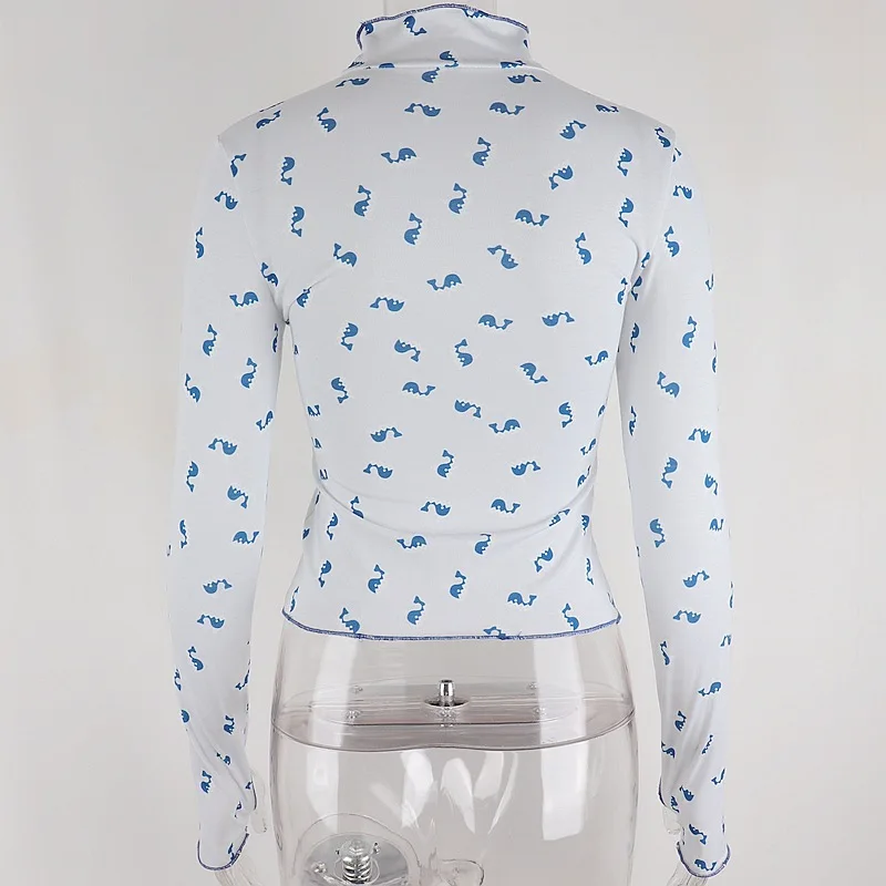 

Women Spring Long Sleeve T-shirt Y2K Cute Print Ruffles Turtleneck Slim Fit Crop Top E-girl Aesthetics Streetwear Tee Clothes