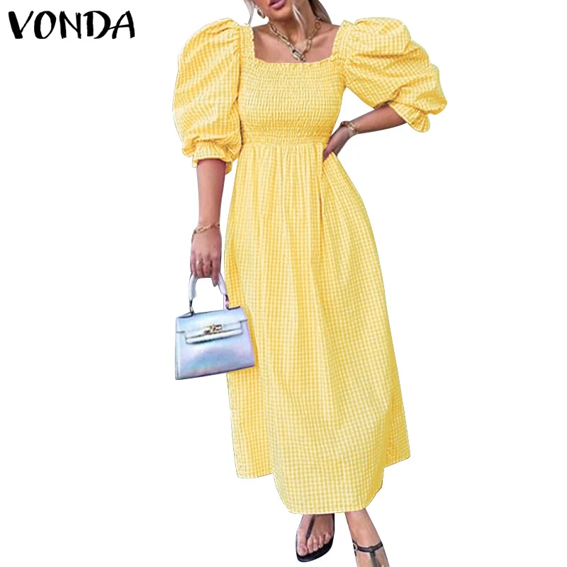 

VONDA 2021 Women Vintage Plaid Elegant Long Dress Sundress Sexy Half Sleeve Square Collar Holiday Party Vestidos Oversized Robe