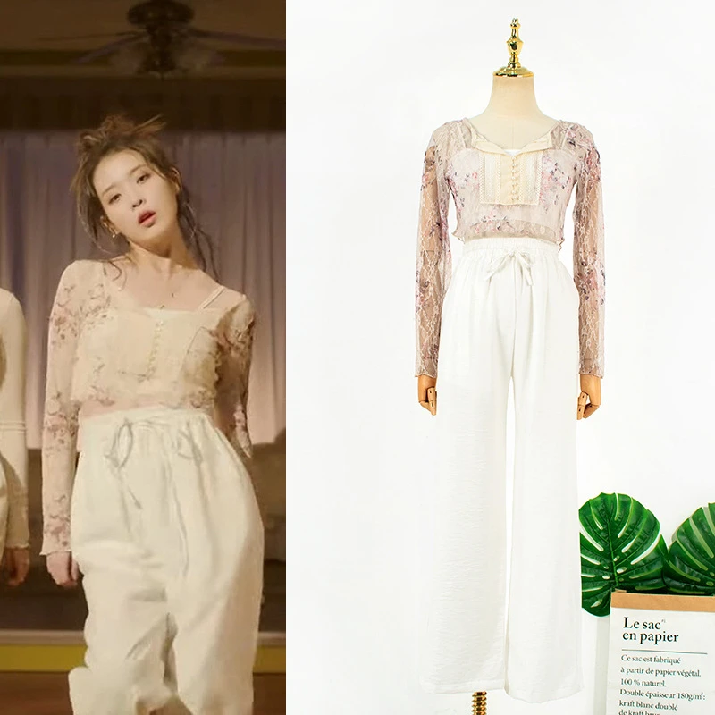 

IU Li Zhien's same clothes spring and summer new lace printing long sleeve short splicing Top + Korean casual pants