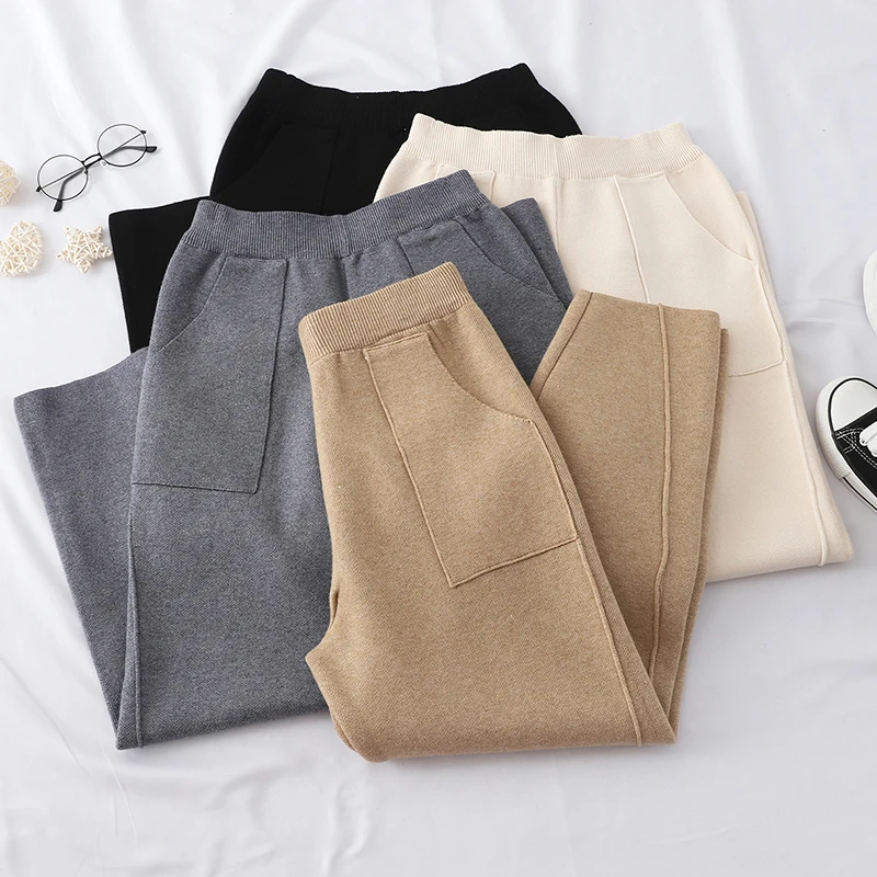 SINGRAIN зимние женские шаровары свитер брюки свободные трикотажные вязаные карманы