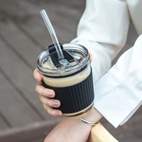 350ml eco friendly thick glass coffee cups with straw reusable travel drinking mugs for juice milk cafe