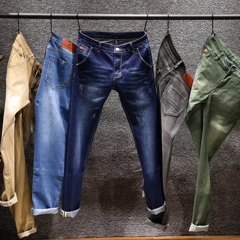 

2020 Newly Fashion Men Jeans Slim Fit Elastic Pencil Pants Khaki Blue Green Color Cotton Brand Classical Jeans Men Skinny Jeans