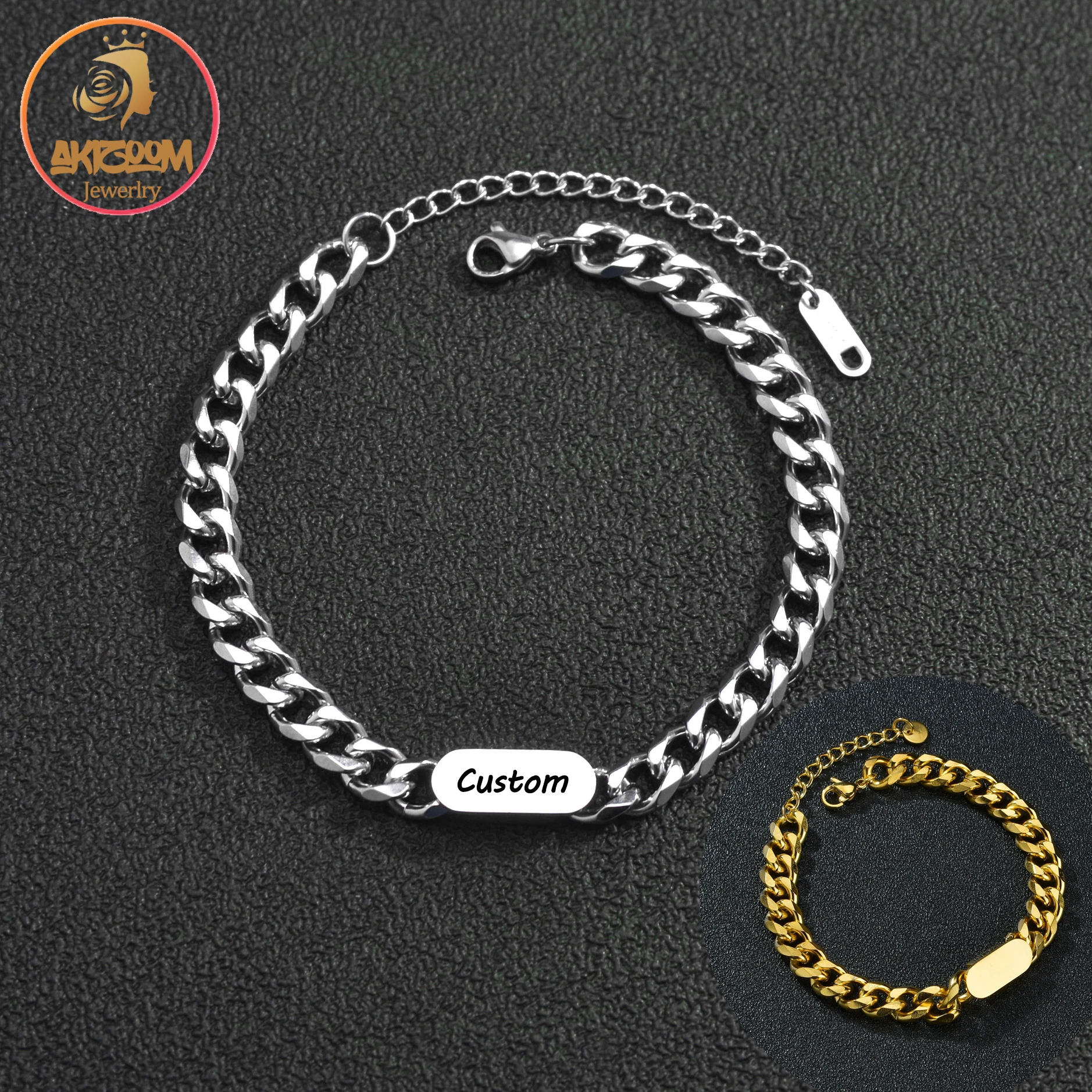 

Akizoom Customizable Engraving Name Date Men Thick Chain Bracelet Stainless Steel Letters Bangle for Women Jewelry Gift