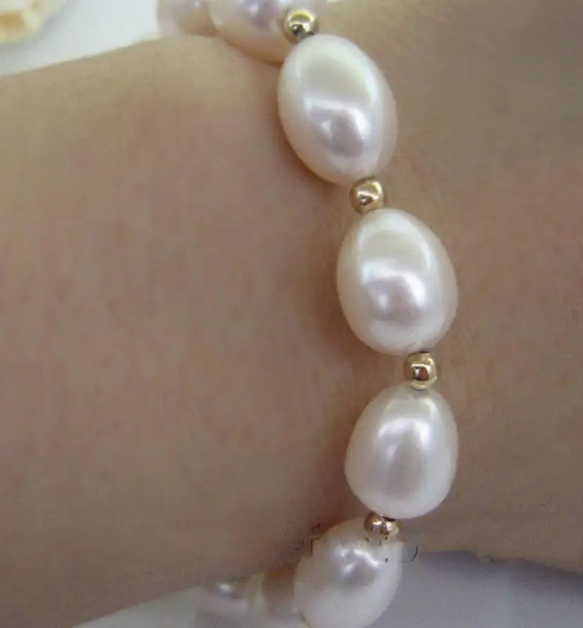 Jewelry Free Shipping NATURAL 9X13MM SOUTH SEA GENUINE WHITE PEARL BRACELET 14K/20 GOLD CLASP |