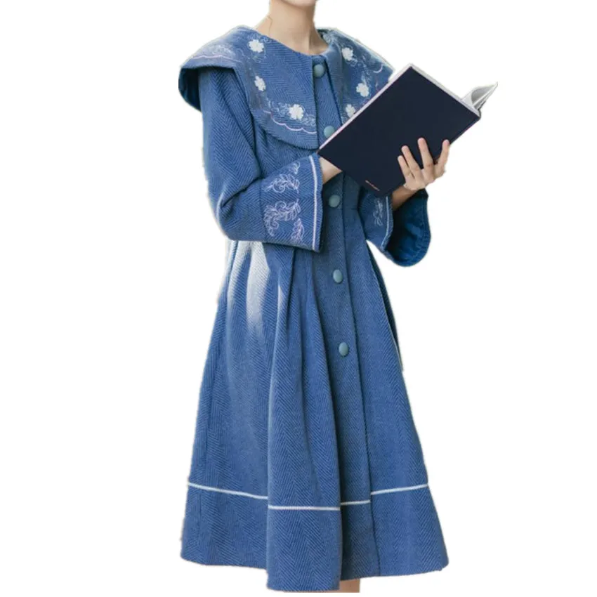 Осенне-зимнее винтажное шерстяное пальто с вышивкой женское тонкое однобортное |