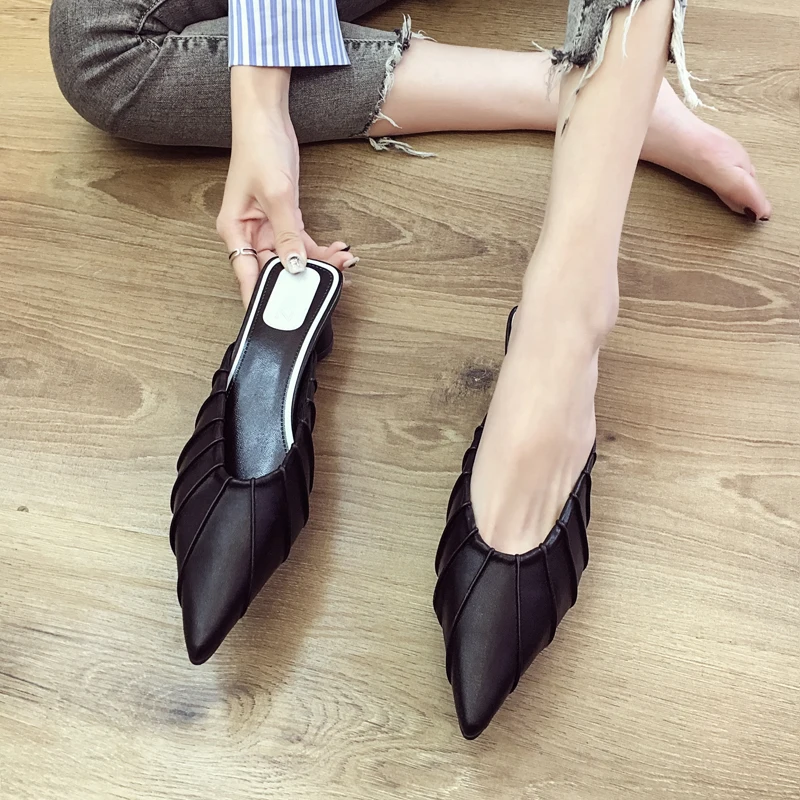 

Mules For Women 2021 Slippers Casual Shoes Pantofle Pointed Toe Square heel Med Slides Luxury Summer New Heels Block Cover Rubbe