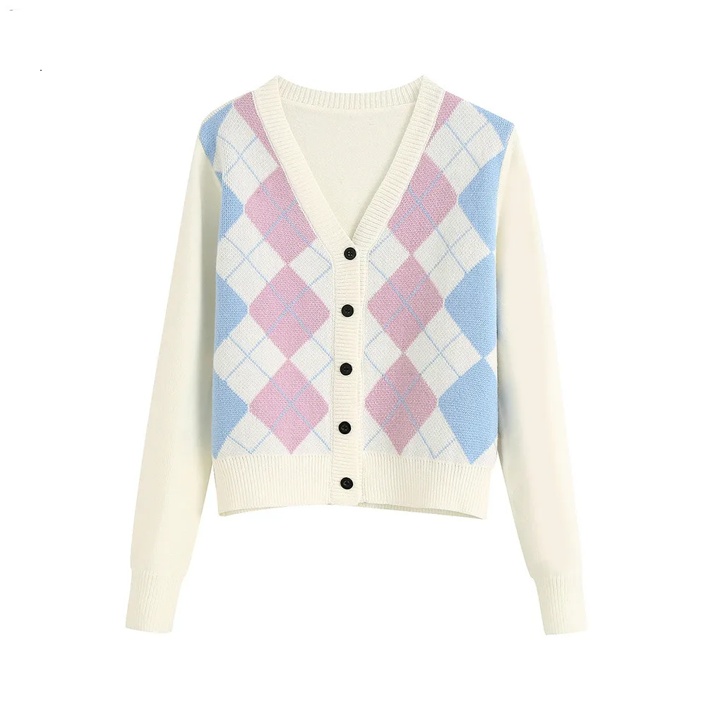 

PADEGAO Women Cardigan Vintage Stylish Geometric Pattern Short Knitted Sweater Long Sleeve England Outerwear Chaqueta PDG1735