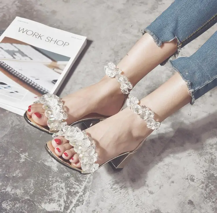 

Women Sandals 2021Summer Shoes Women Open Toe Crystal Chunky Heels Sandals Rhinestone Shoes Black H2103