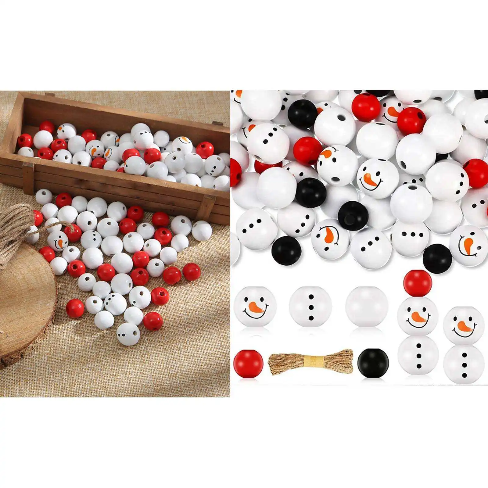 

200Pcs Christmas Wooden Beads with Twine Craft Beads for Christmas Tree Party Decor