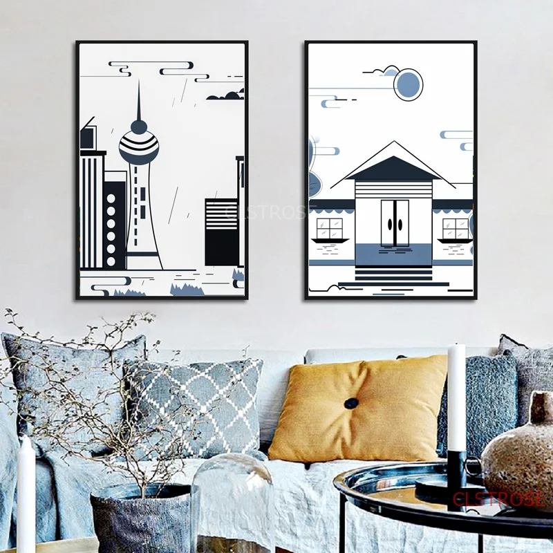 

Abstract Black White Architectural Geometric Vector Canvas Painting Minimalist Home Decoration Wall Art Pictures For Living Room