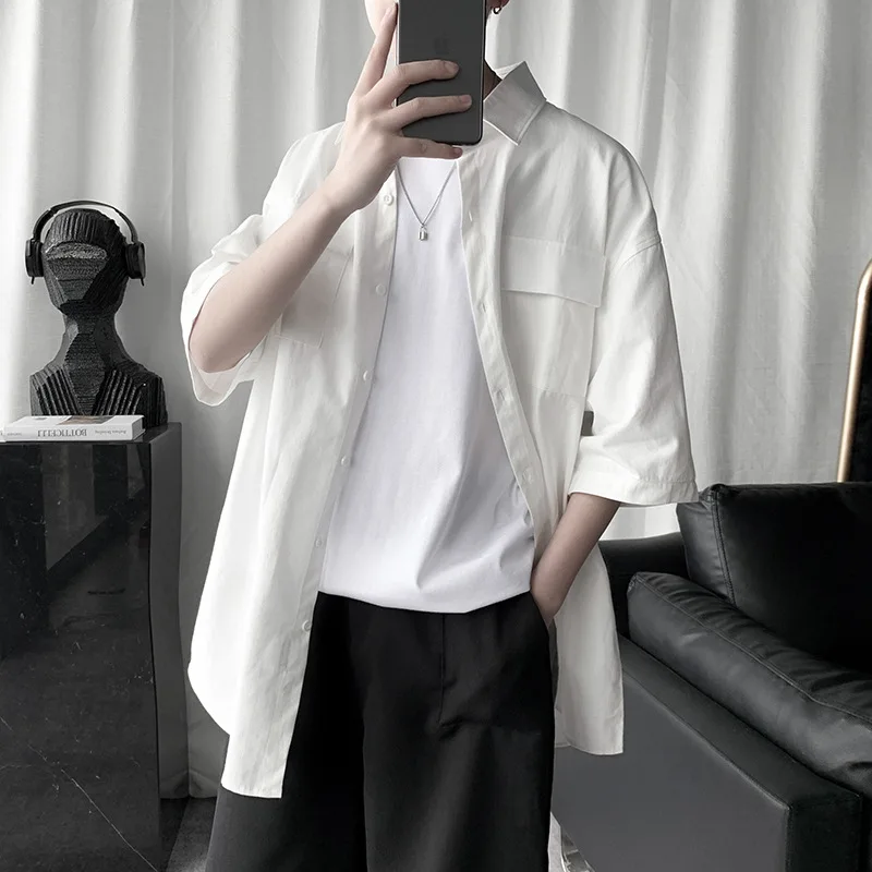 

2021 summer new men's fashion tide cards solid color shirt literary youth casual pointers