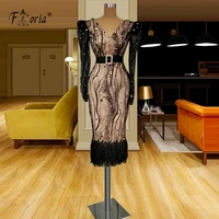 luxury dubai black feathers evening dress long sleeve lace short prom dresses 2021 muslim midi formal cocktail party gowns