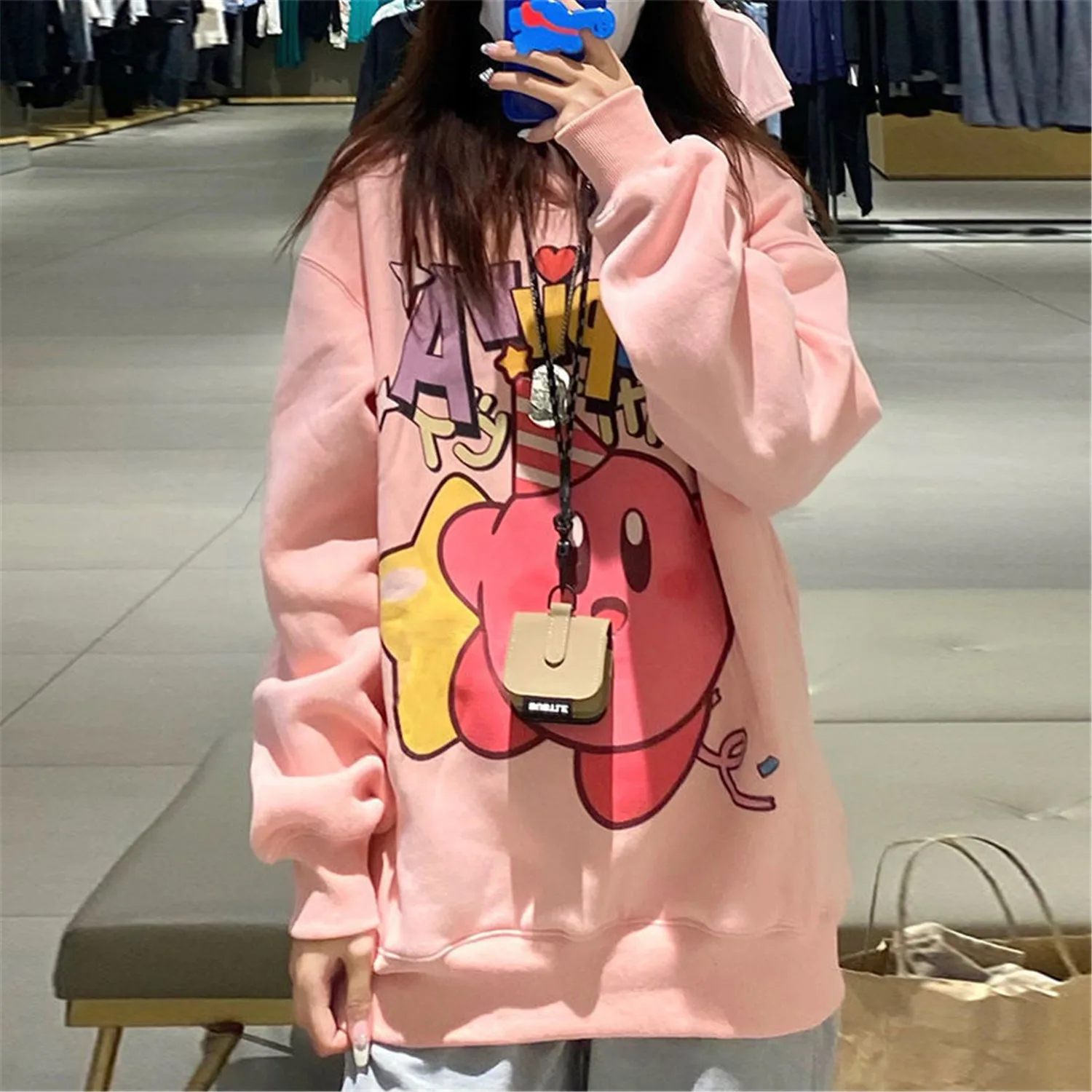 

Pink Cartoon Hoodie Autumn Fashion Sweatshirt Women Korean Long Sleeve Kawaii Tops Vintage Oversize Hooded Loose Hoodie Girl