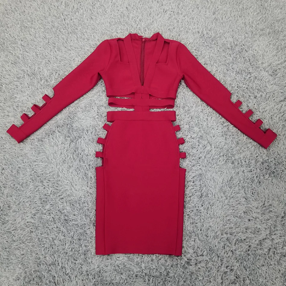 

High Quality Spring 2021 Women'S Sexy Long-Sleeved Deep V-Neck Hollow Bandage Dress Bodycon Celebrity Party Dress Vestidos
