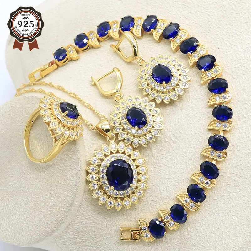 Синий кристалл белый циркон золотой цвет свадебный браслет серьги ожерелье