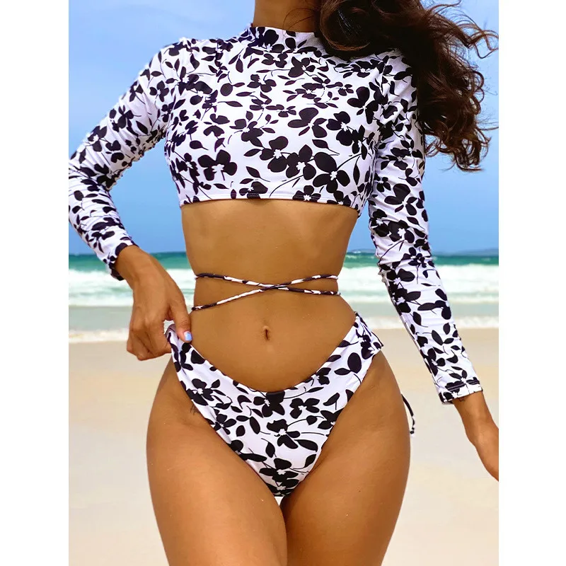 Tengweng High Neck Swimsuit Women Split Two Piece Bathing Suit Long Sleeve Backless Shirt Print Swimwear Sexy Beach Wear 2022 | Спорт и