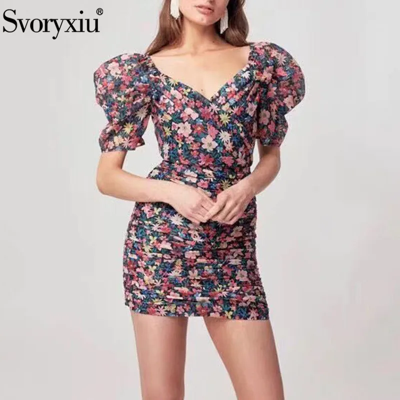 Svoryxiu сексуальный V Воротник Ruched Bodycon Летние вечерние мини платья женские пышные с коротким рукавом цветочный принт посылка ягодицы платье