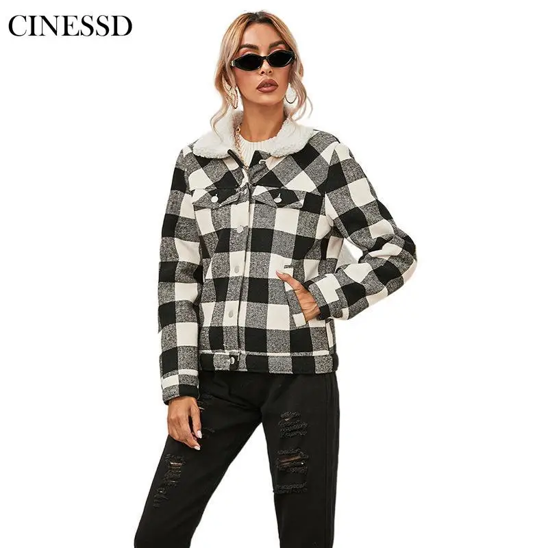 

2021 autumn and winter jacket women's plaid slim-fitting jacket casual fashion fur collar plus velvet padded coat women