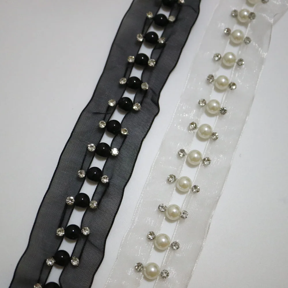 2 ярда бусины ручной работы жемчужная черная белая кружевная отделка для одежды