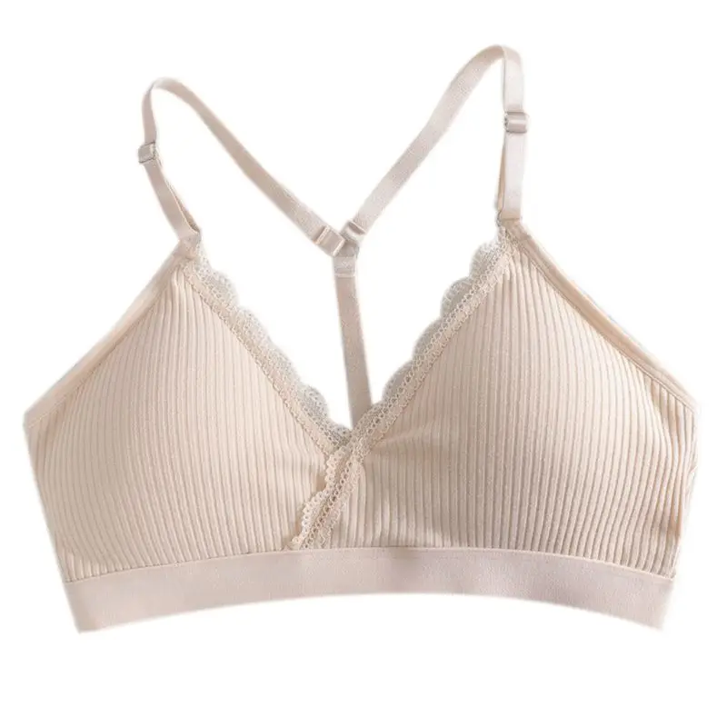 Women Wireless Sports Bra Padded Y-Back Lace Bralette V-Neck Ribbed Underwear X3UE