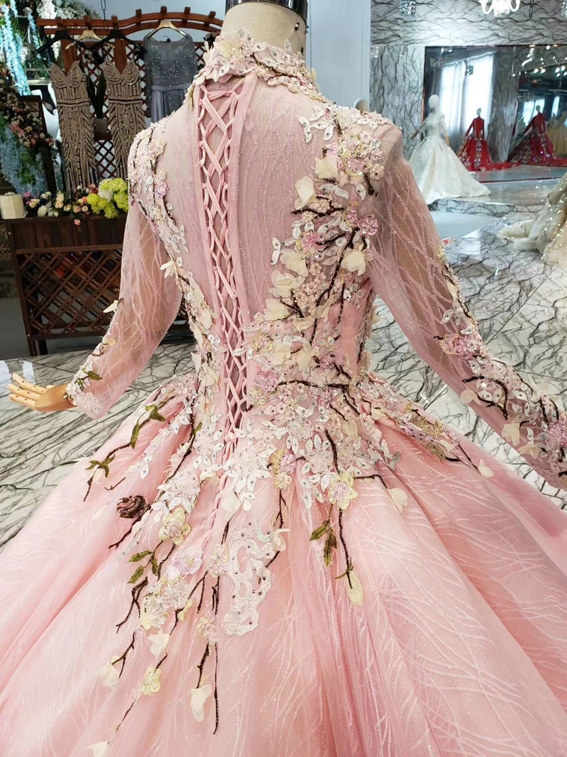 

BGW 22924ht Pink Flowers Evening Dresses High Neck Long Tulle Sleeve Lace Up Back Muslim Girls Pageant Party Dresses Custom Size