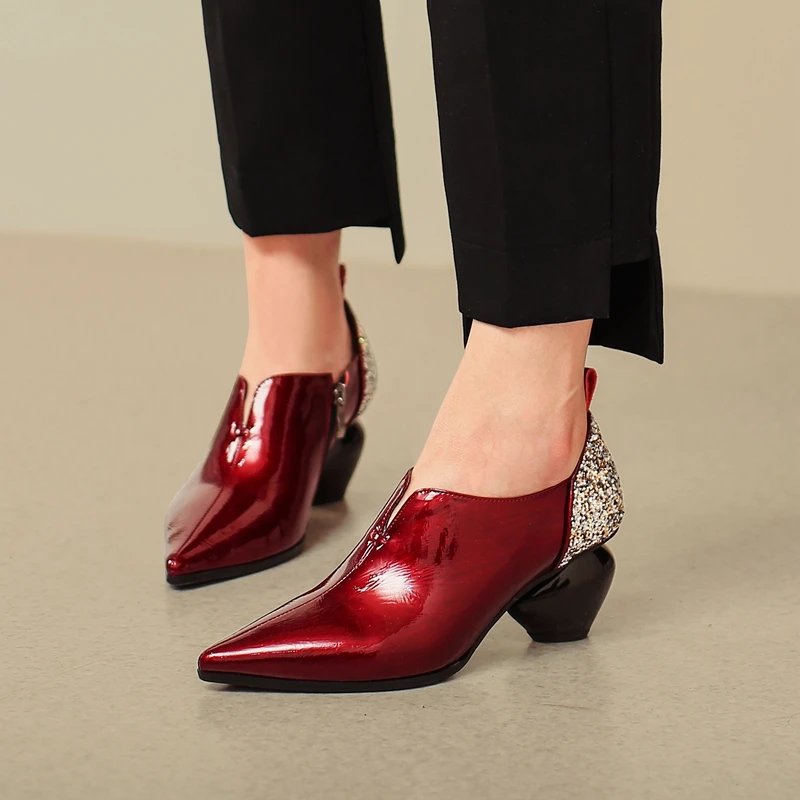 

Autuspin Ladies Pointed Toe Pumps 2020 Fashion Elegant Cow Patent Leather Mid Heels Women Office Party Prom Dress Shoes Woman
